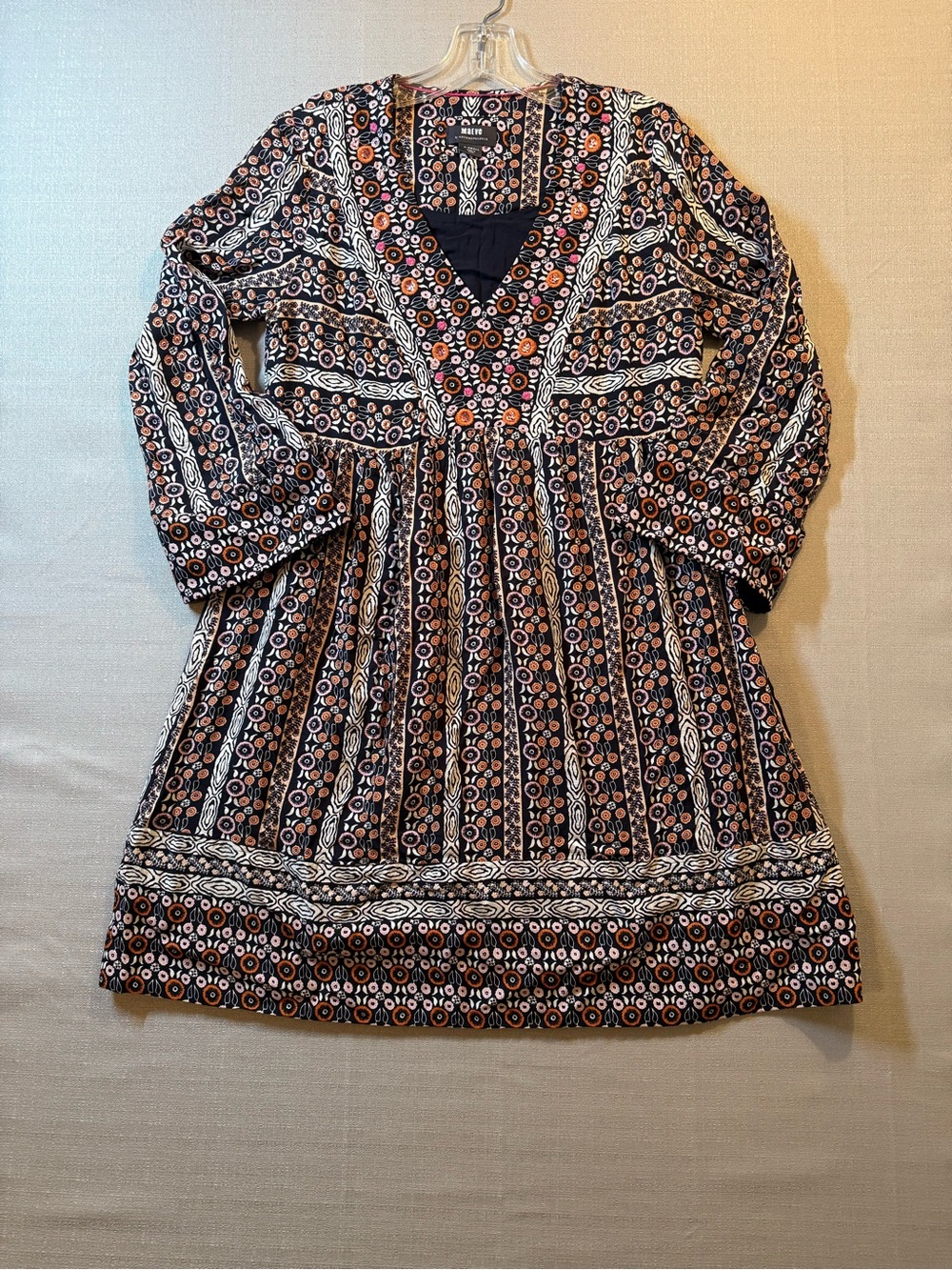 Anthropologie Navy Blue Floral V-Neck Long Sleeve Dress